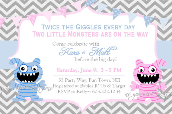Free Twins Monster Baby Shower Invitation Design