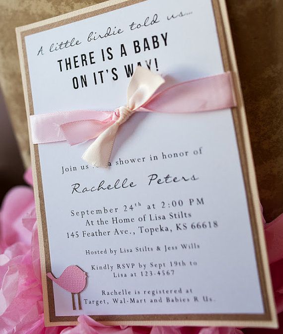 Homemade Pink Bird Baby Shower Invitations With Ribbon