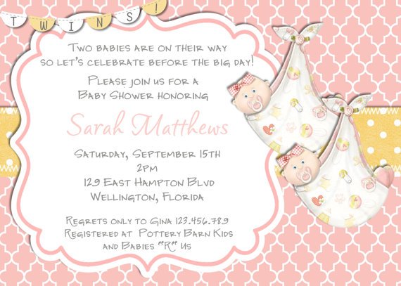 pink twin girl baby shower invitation