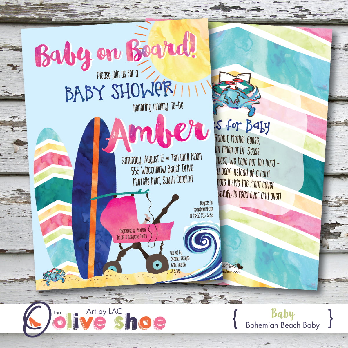 surf beach baby shower invitations