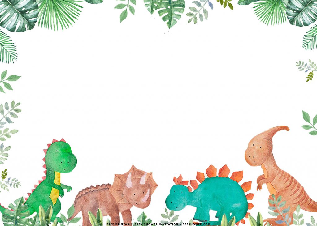 Free Printable Dinosaurs Baby Shower Invitation Templates With Green Leaves and White Background