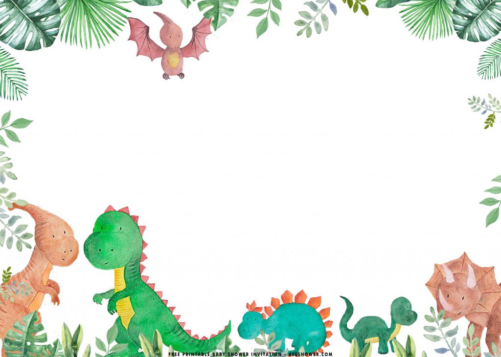 Free Printable Dinosaurs Baby Shower Invitation Templates With Cute Drawing T-rex and Triceratops