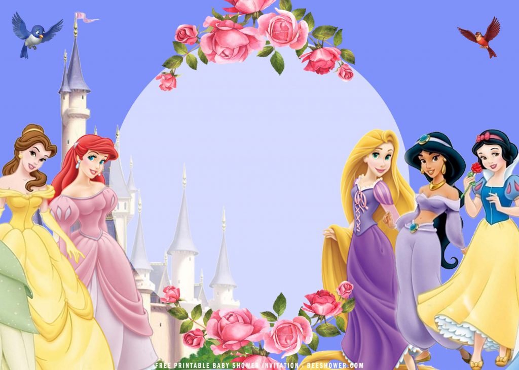 Free Printable Floral Frame Disney Princess Invitation Templates With Disney Castle and Snow White