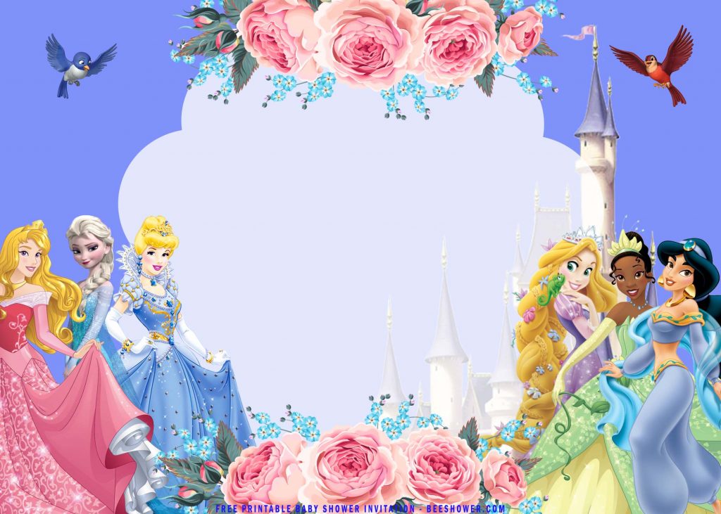 Free Printable Floral Frame Disney Princess Invitation Templates With Cinderella and Pink Gown