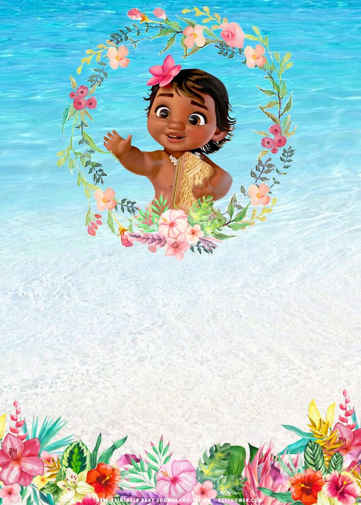 Free Printable Baby Moana Invitation Templates With Blue Ocean Background