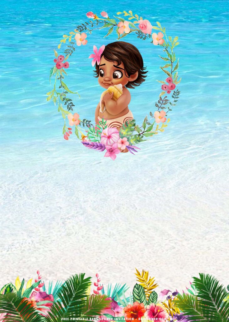 Free Printable Baby Moana Invitation Templates With Flower Bouquet