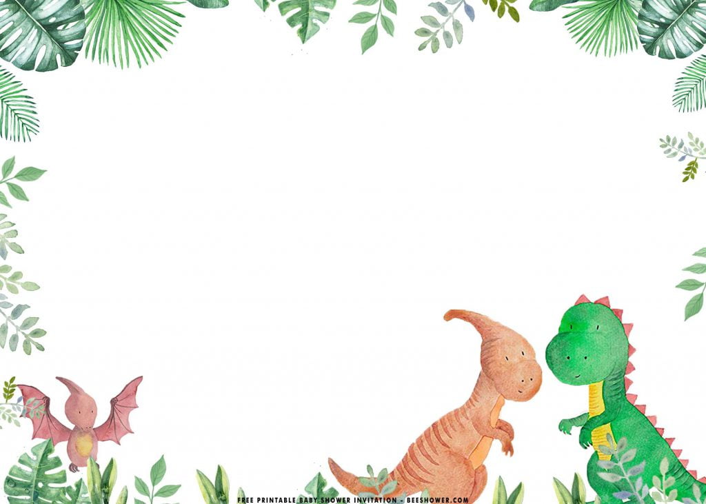 Free Printable Dinosaurs Baby Shower Invitation Templates With Landscape and Floral Border