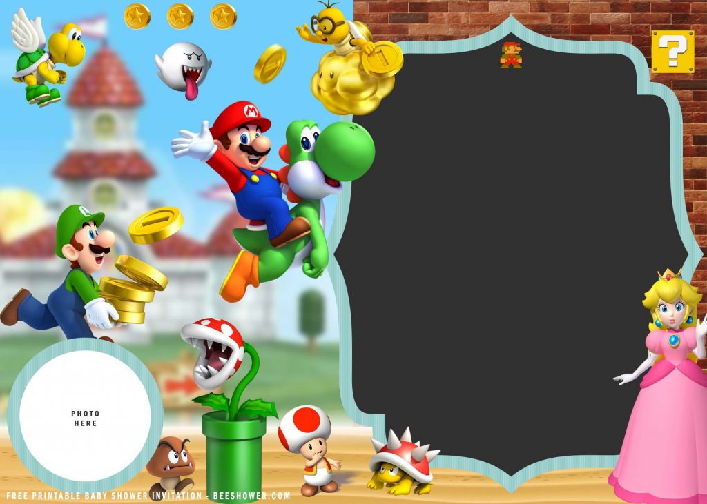 Free Printable Super Mario Invitation Templates With Goombas and Photo Frame