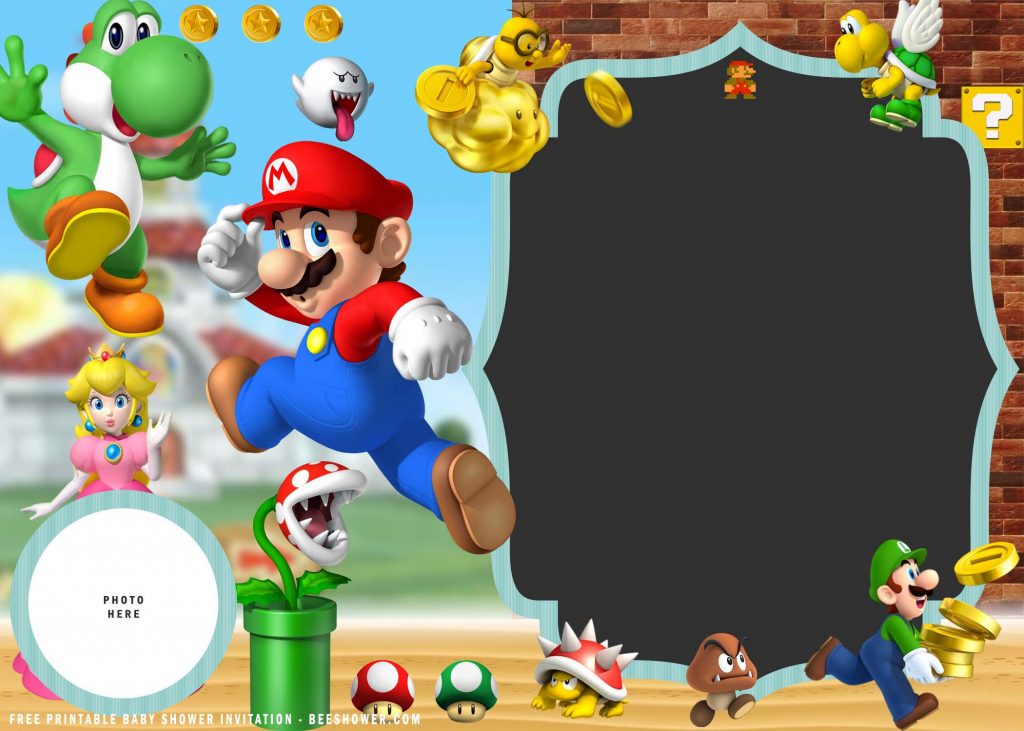 Free Printable Super Mario Invitation Templates With Wonderland Background and Text Box