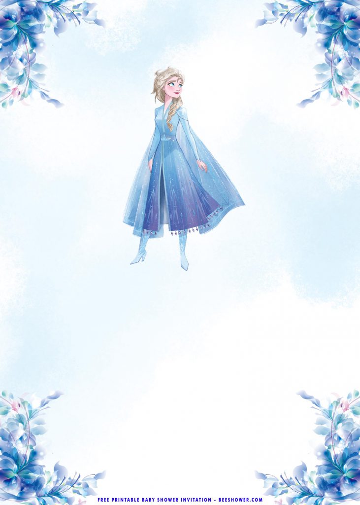 Free Printable Frozen Elsa Baby Shower Invitation Templates With Blue Background and Flowers