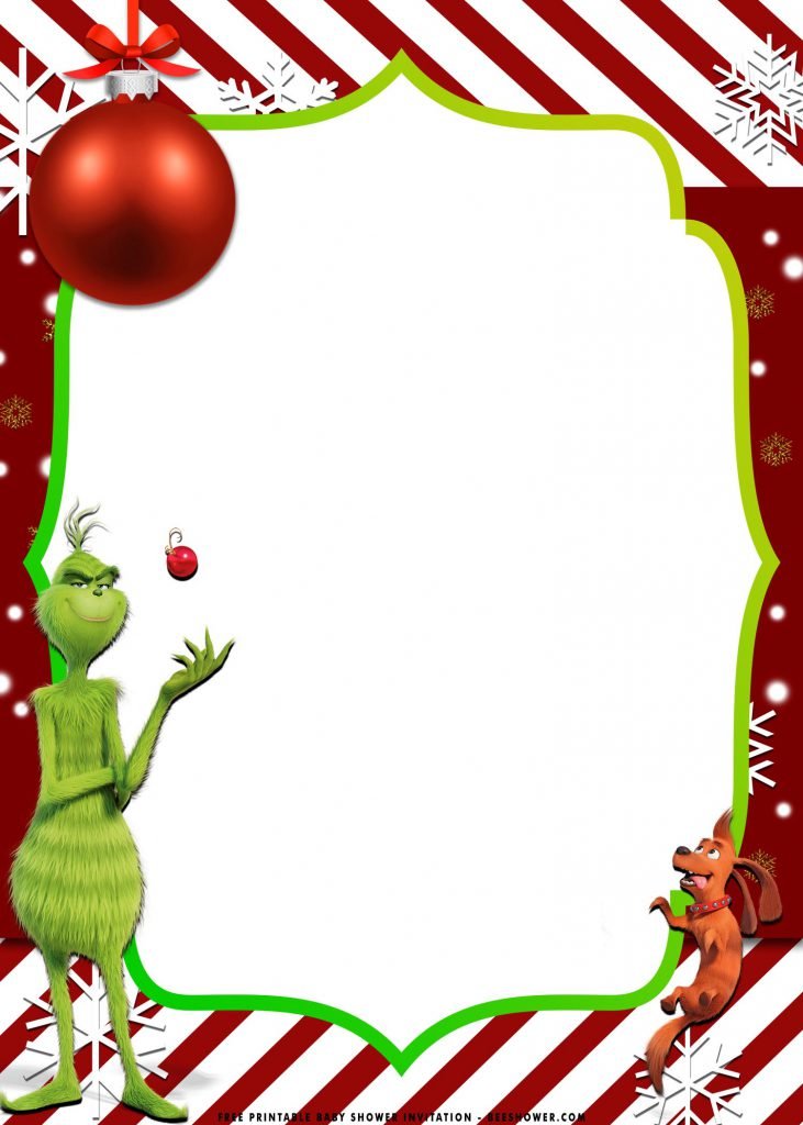 Free Printable Grinch Baby Shower Invitation Templates With Whoville and Gold Frame Design
