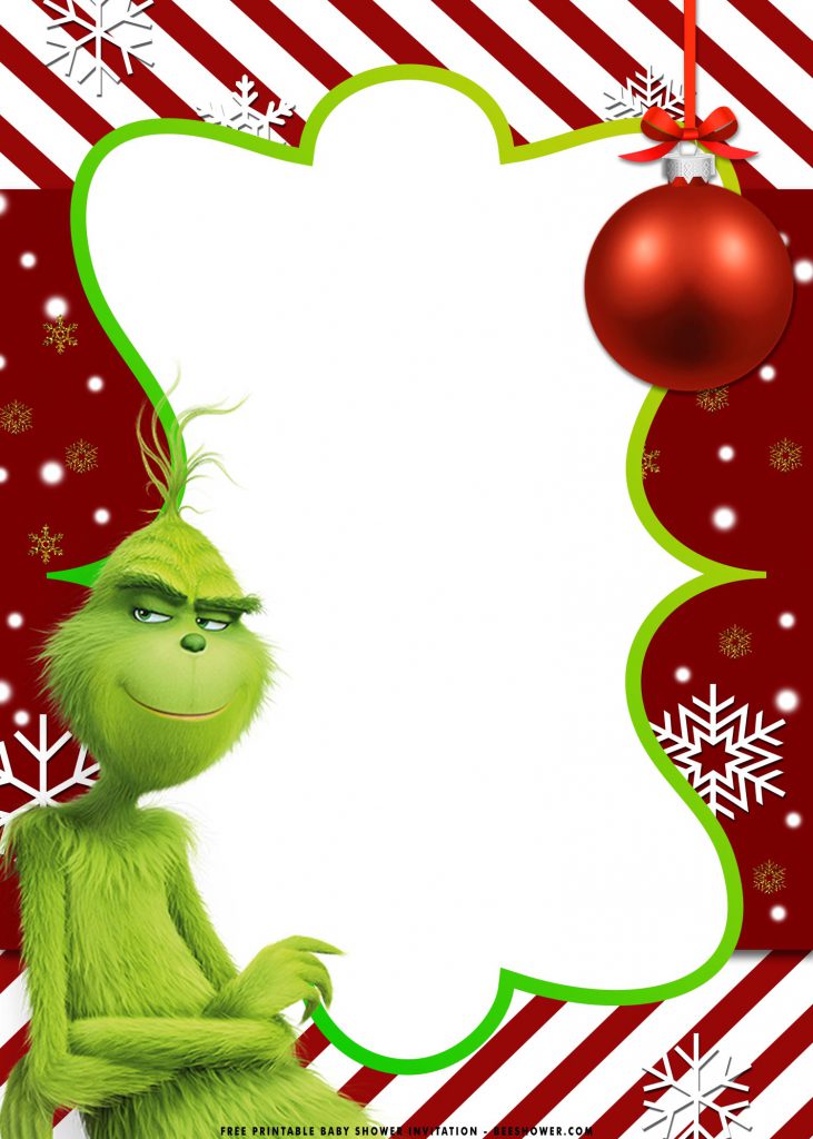 Free Printable Grinch Baby Shower Invitation Templates With Red Stripes and Background