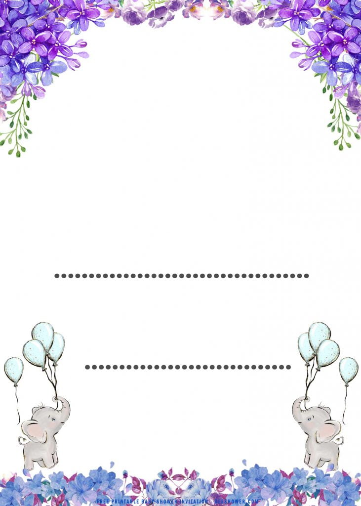 Free Printable Cute Baby Elephant Baby Shower Invitation Templates With Lavender Blue Flowers