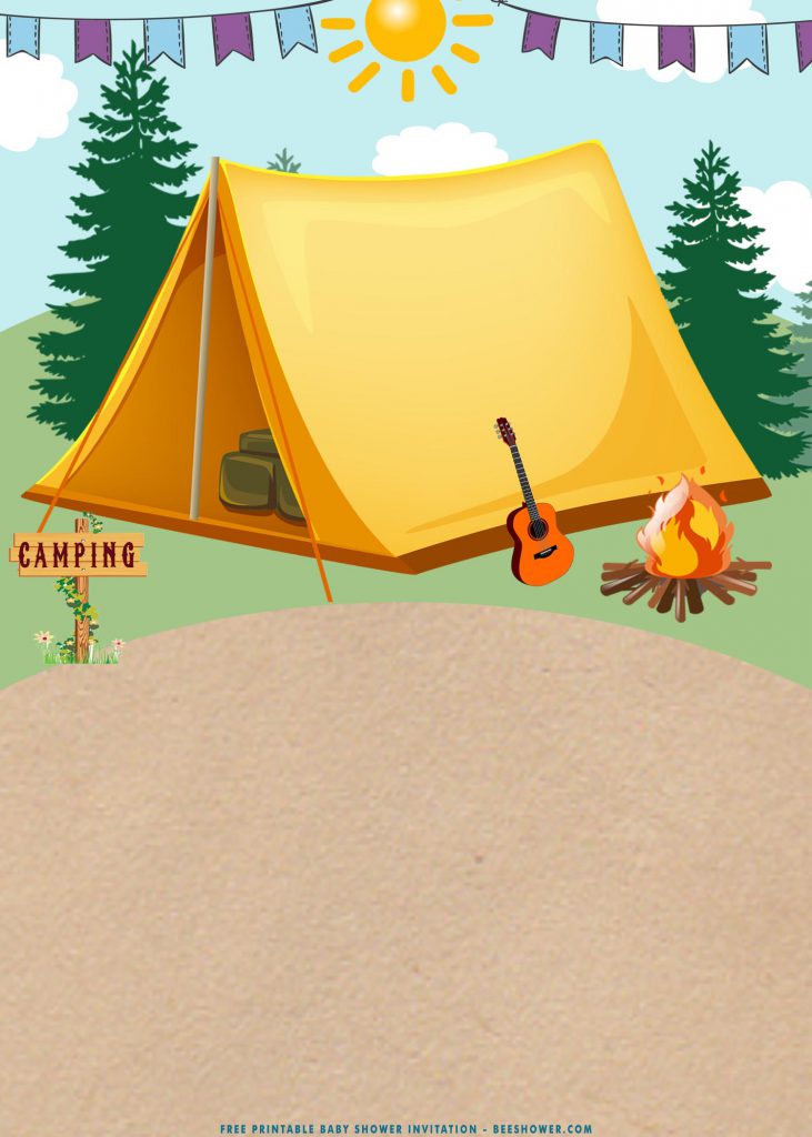 Free Printable Backyard Camping Birthday Party Invitation Templates With Camping Sign and Portrait Orientation