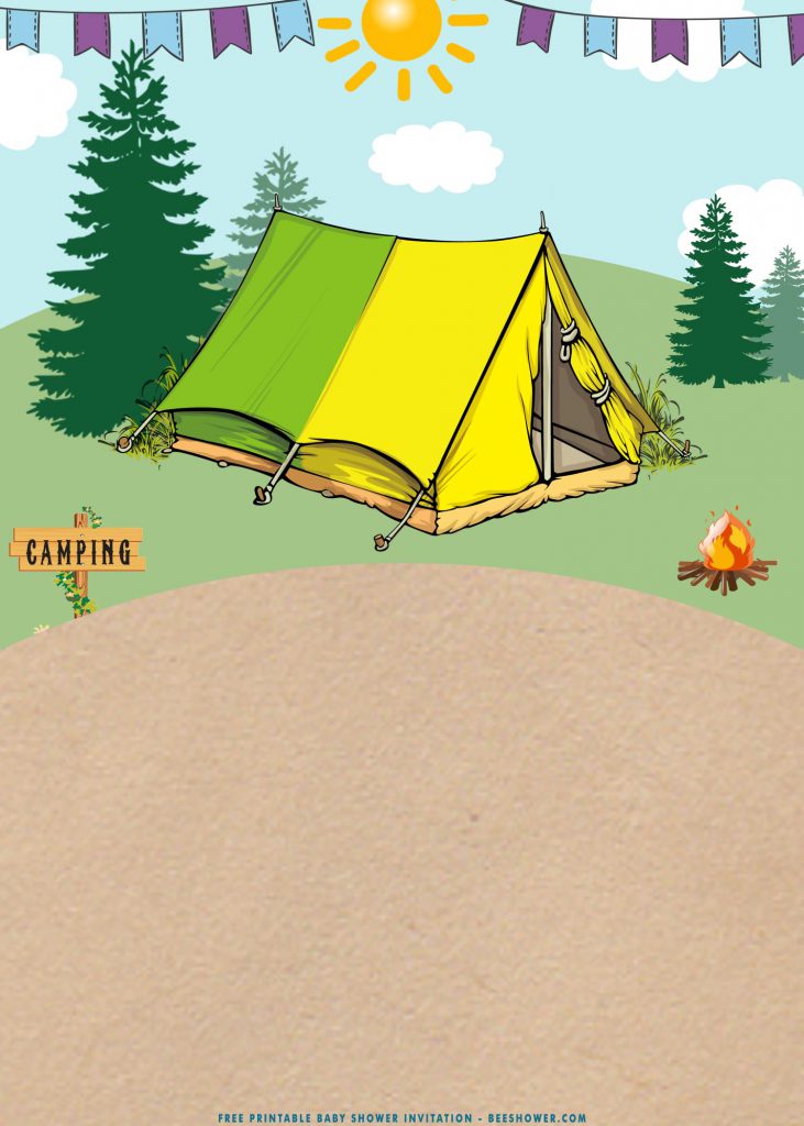 Free Printable Backyard Camping Birthday Party Invitation Templates With Camping Ground and Bunting Banner