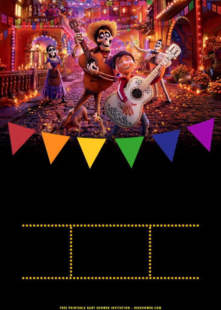Free Printable Coco Pixar Baby Shower Invitation Templates With Sombrero Hat and Mexico Fiesta Party