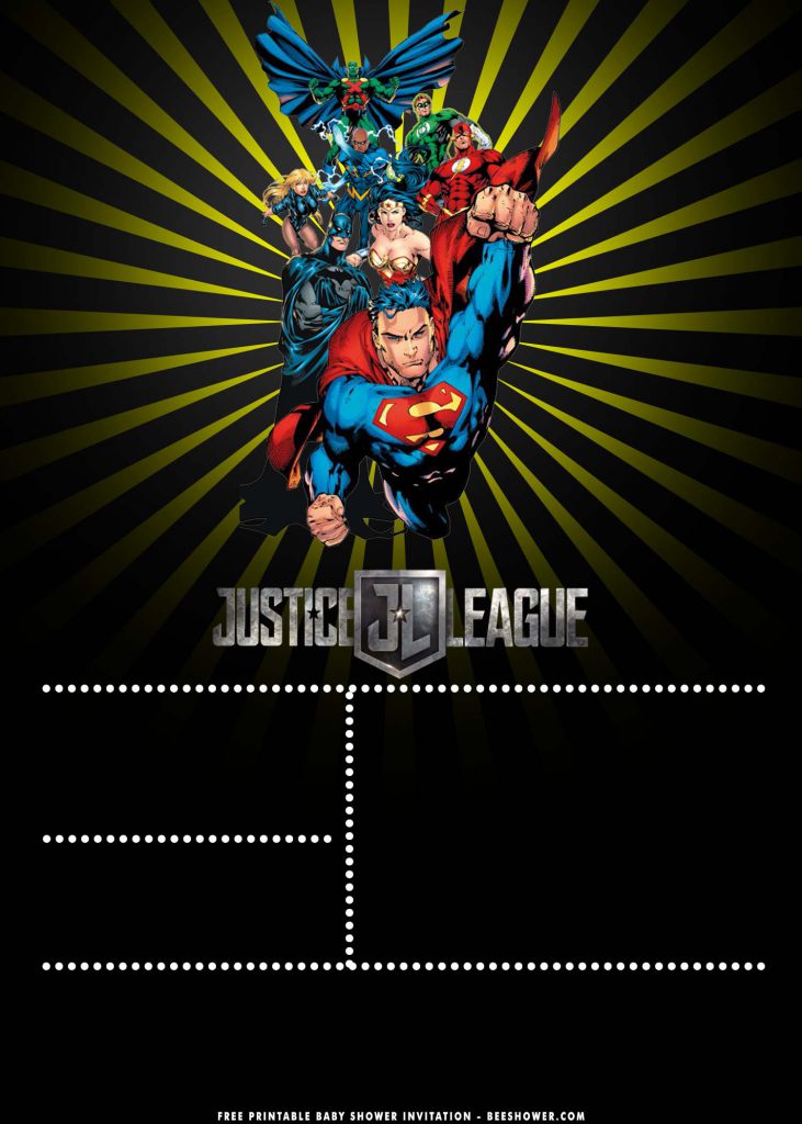 Free Printable Justice League Baby Shower Invitation Templates With Sun Rays Pattern