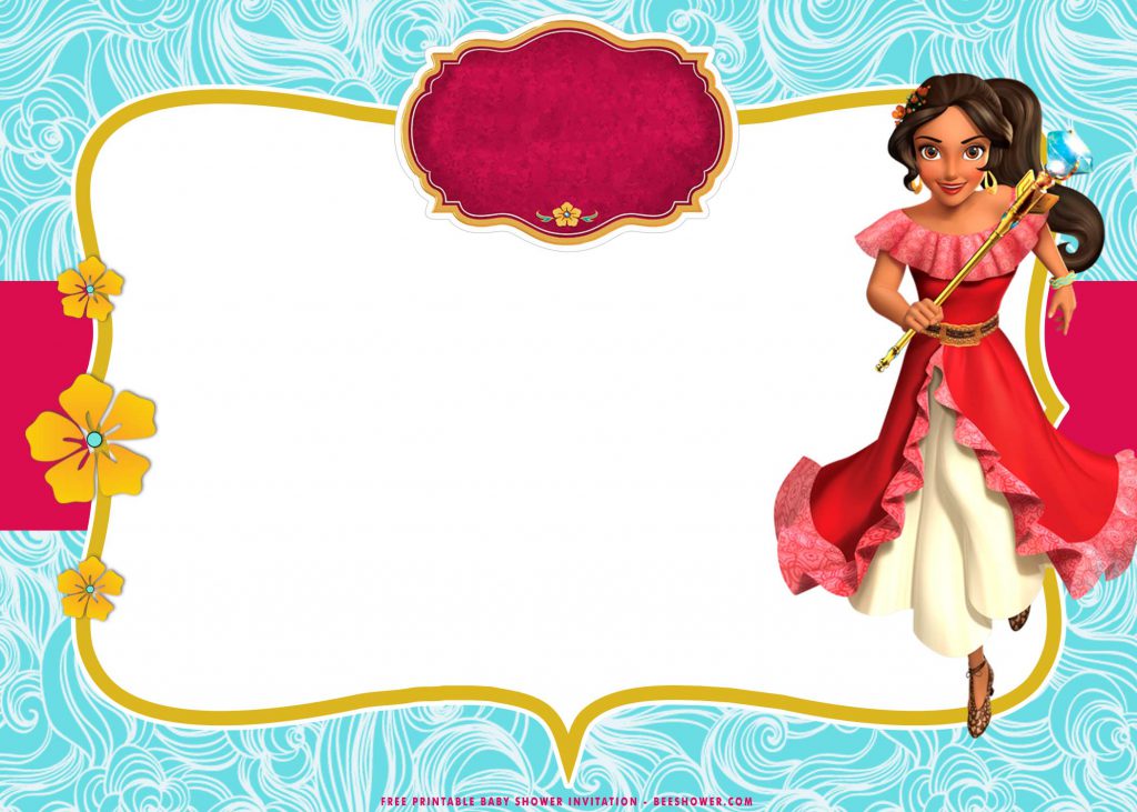 Free Printable Elena Of Avalor Baby Shower Invitation Templates With Space For Party Details and Red Ribbon