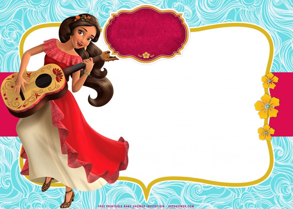 Free Printable Elena Of Avalor Baby Shower Invitation Templates With Elena Playing Guitar and Red Dress