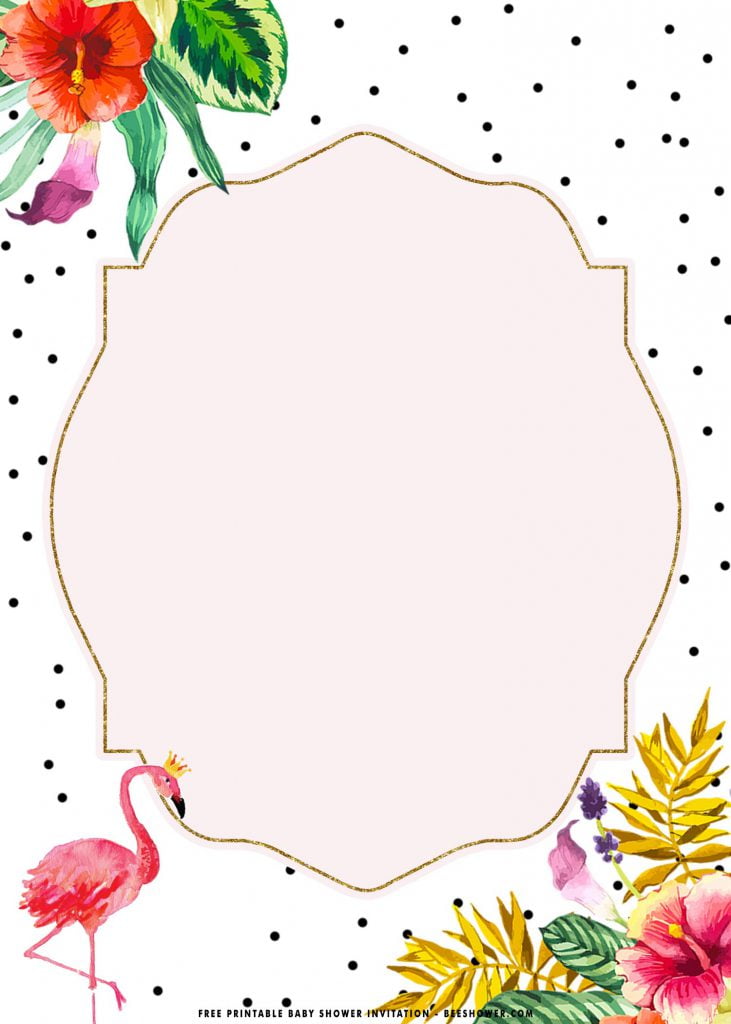 Free Printable Tropical Flamingo Birthday Invitation Templates With Yellow Leaves and Standing Flamingo
