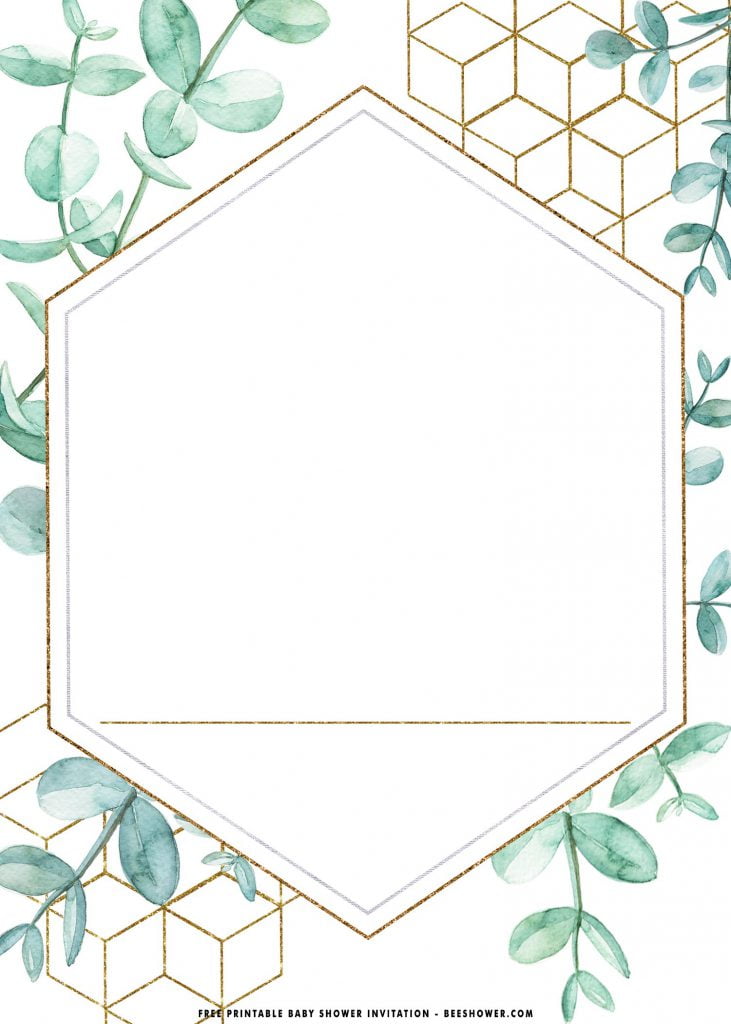 Free Printable Mint Green Floral Bridal Shower Invitation Templates With Gold Frame and Polygon Shape
