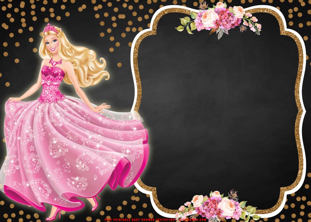 Free Printable Elegant Barbie Baby Shower Invitation Templates With Pink Gown and Gold Sprinkles