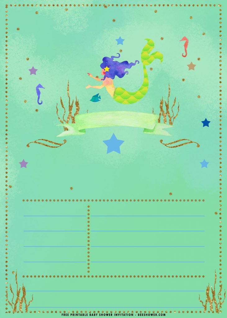 Free Printable Watercolor Mermaid Birthday Invitation Templates With Green Background and Cutout for party details