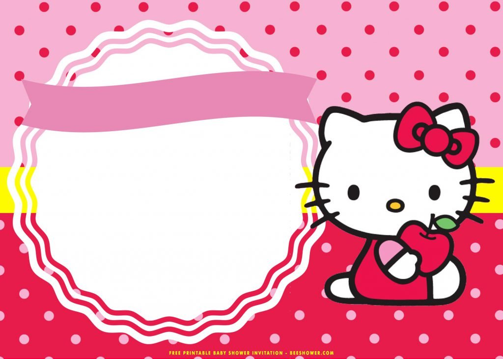 Free Printable Cute Hello Kitty Invitations Templates With Apple in hand