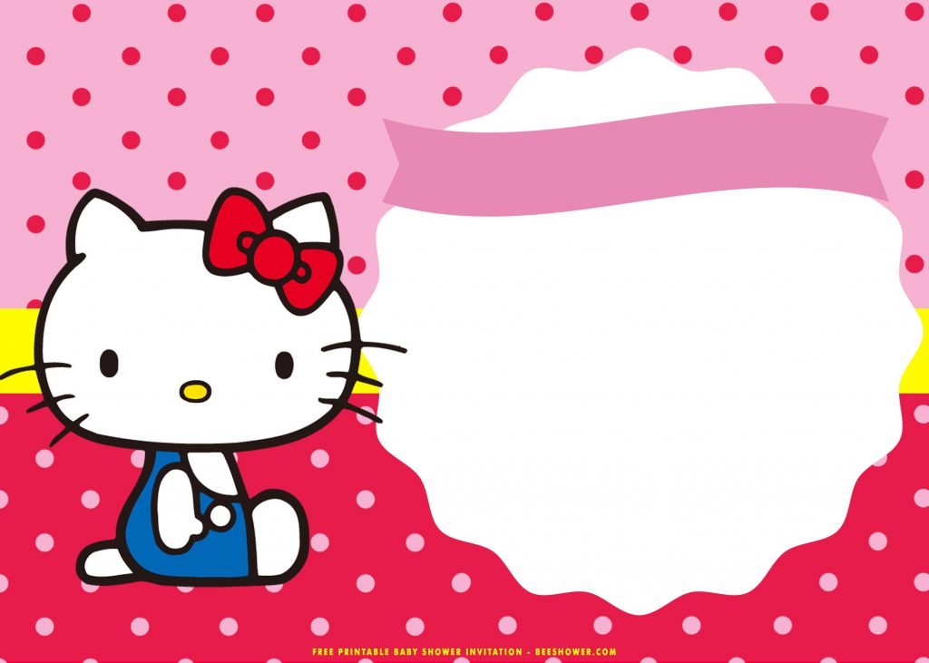 Free Printable Cute Hello Kitty Invitations Templates With Blue Shirt and Pink Background