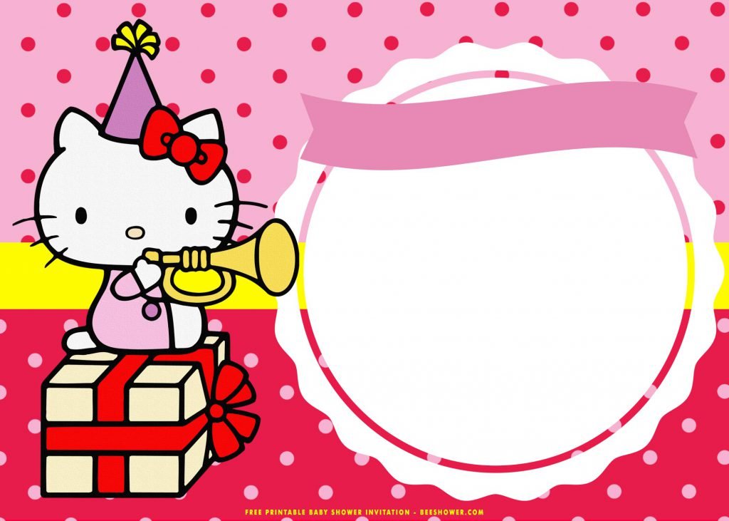 Free Printable Cute Hello Kitty Invitations Templates With Gift Box and Trumpet
