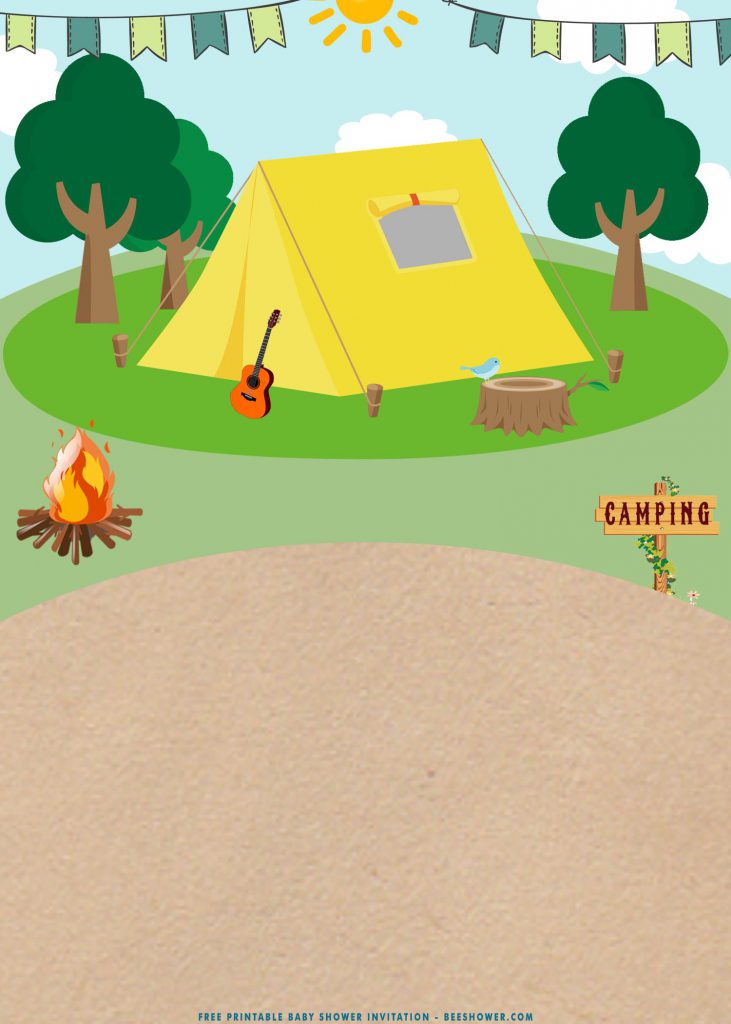 Free Printable Backyard Camping Birthday Party Invitation Templates With Guitar and Tent
