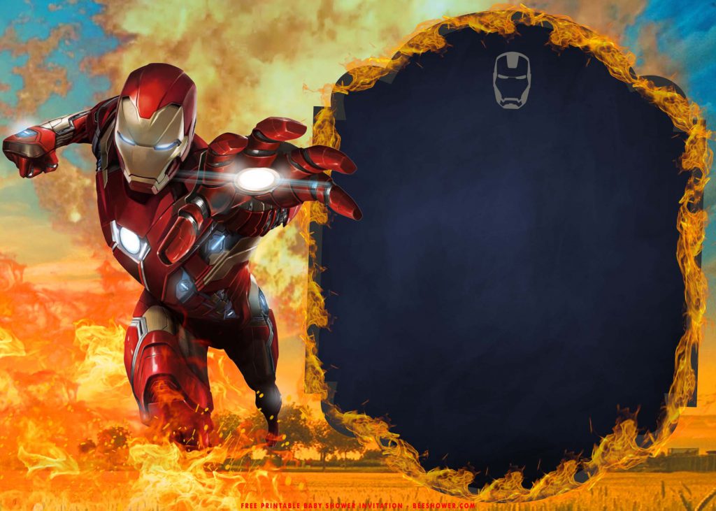 Free Printable Iron Man In Flame Birthday Invitation Templates With Flying Ironman and Landscape Design