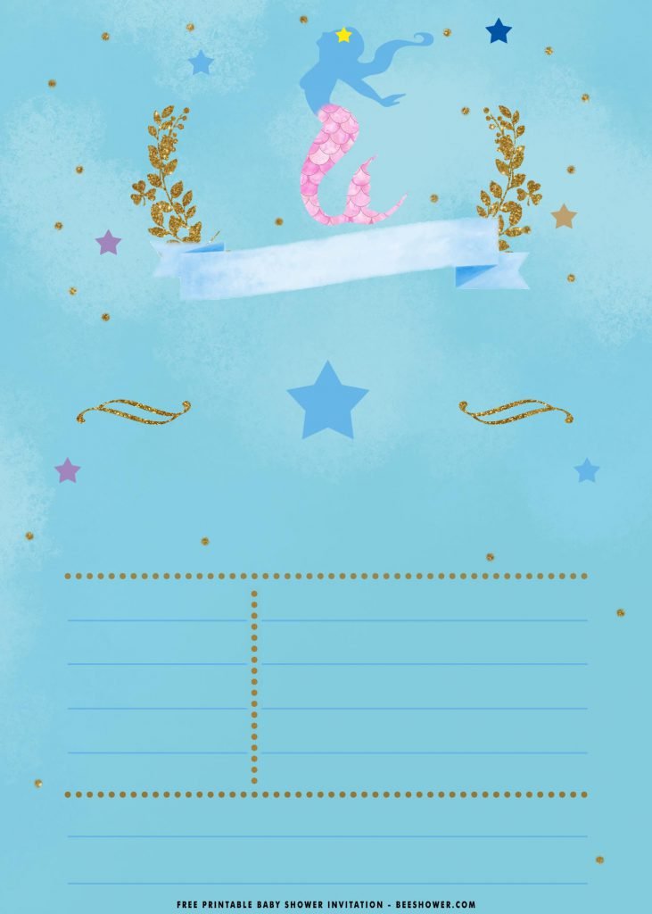 Free Printable Watercolor Mermaid Birthday Invitation Templates With Blue Ribbon and Stars