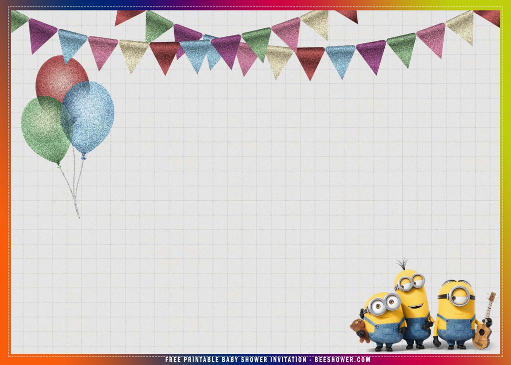 Free Printable Minion Despicable Me Baby Shower Invitation Templates With Colorful Bunting Banner and Musical Instrument