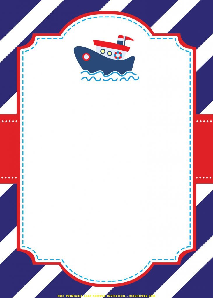 Free Printable Nautical Baby Shower Invitation Templates With Blue Stripes and White Background