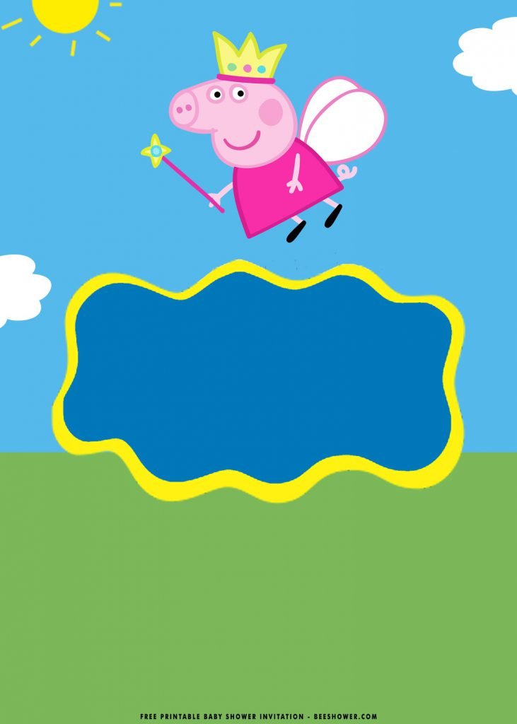 Free Printable Peppa Pig Baby Shower Invitation Templates With George Pig flying as angel
