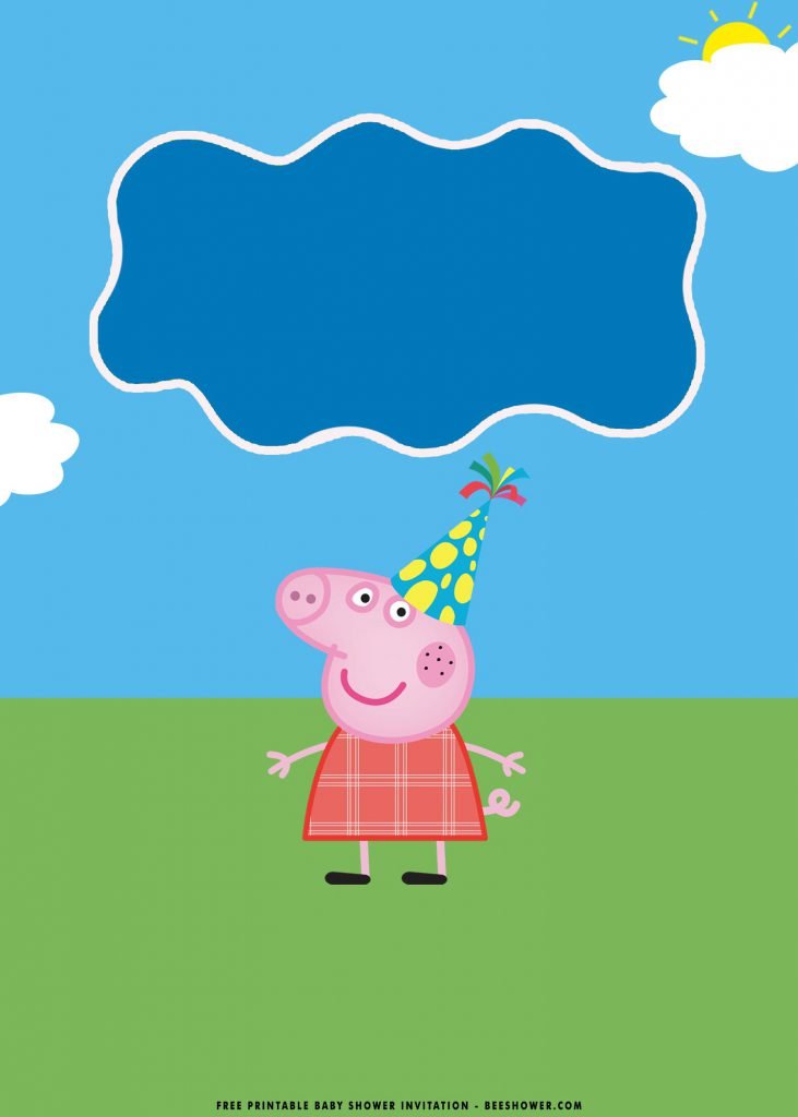 Free Printable Peppa Pig Baby Shower Invitation Templates With Birthday Party Hat and Blue Frame