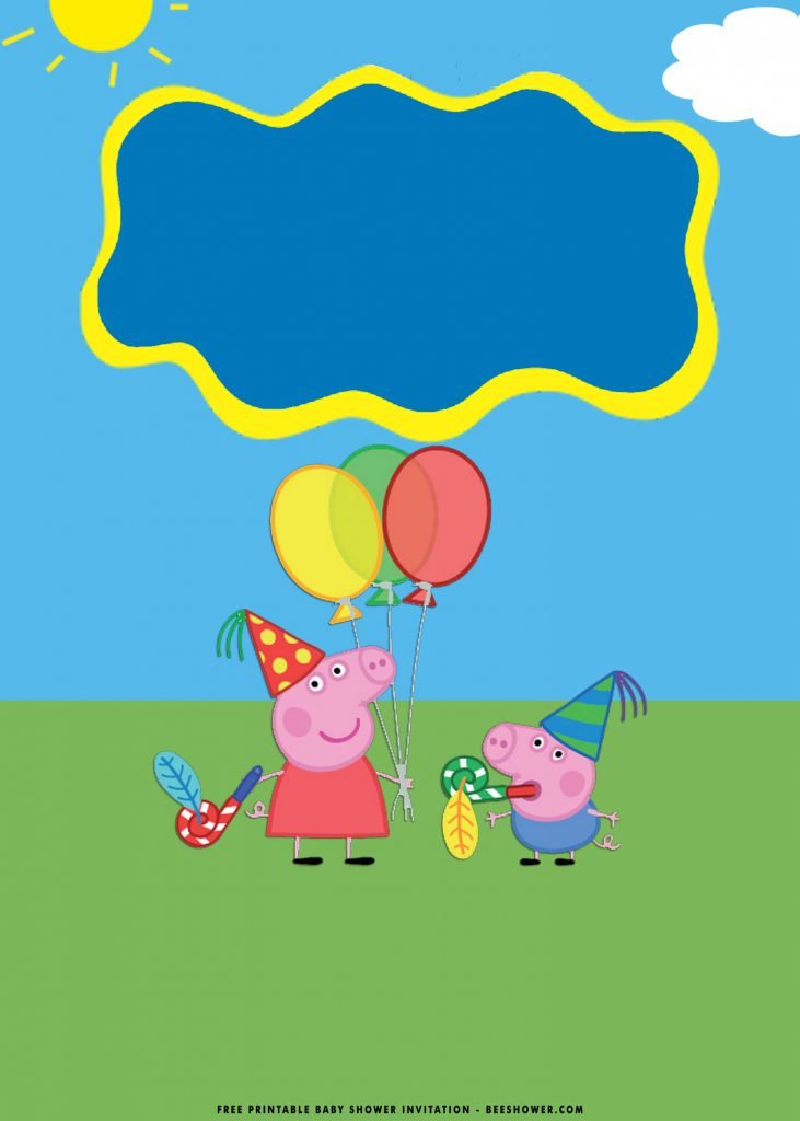 Free Printable Peppa Pig Baby Shower Invitation Templates With Fluffy Clouds and Bright Sun