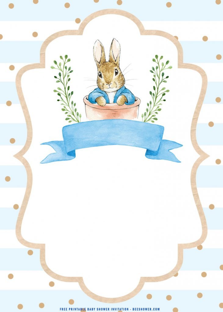 Free Printable Watercolor Peter The Rabbit Baby Shower Invitation Templates With Close Up and Portrait Design