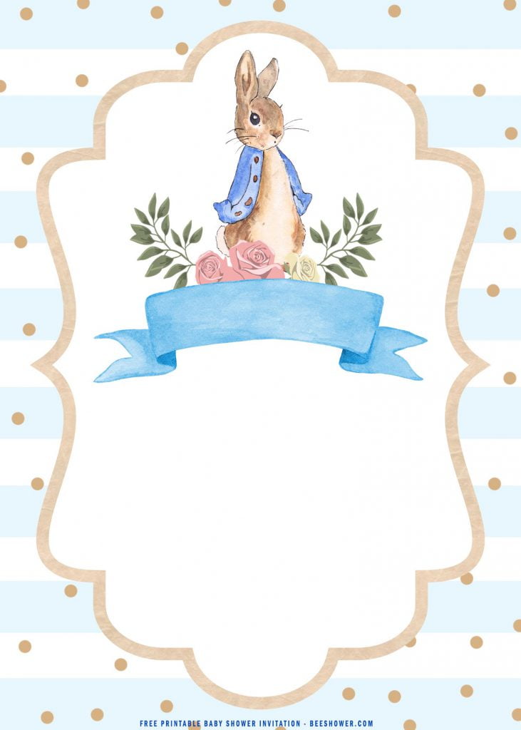 Free Printable Watercolor Peter The Rabbit Baby Shower Invitation Templates With Blue Ribbon
