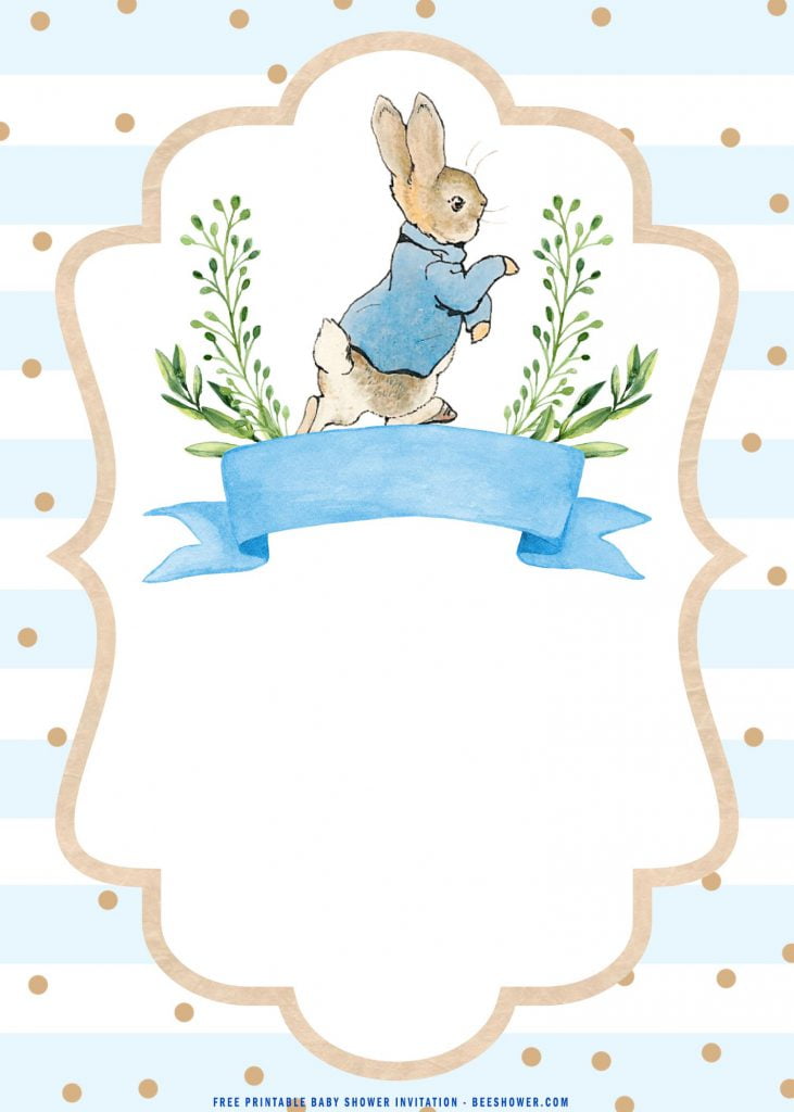 Free Printable Watercolor Peter The Rabbit Baby Shower Invitation Templates With Text Frame and Pink Accent