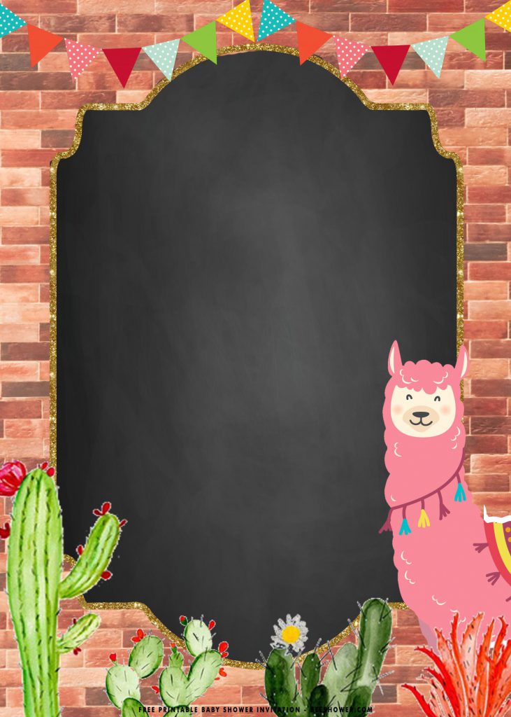 Free Printable Pink Llama Baby Shower Invitation Templates With Bricks Background and Blackboard Box