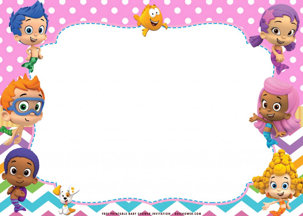 Free Printable Sweet Bubble Guppies Baby Shower Invitation Templates With Pink Polkadot and Bubble Guppies Characters