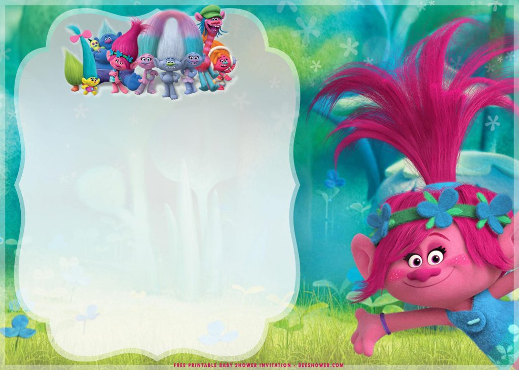 Free Printable Trolls Baby Shower Invitation Templates With Beautiful Scenery and Trees
