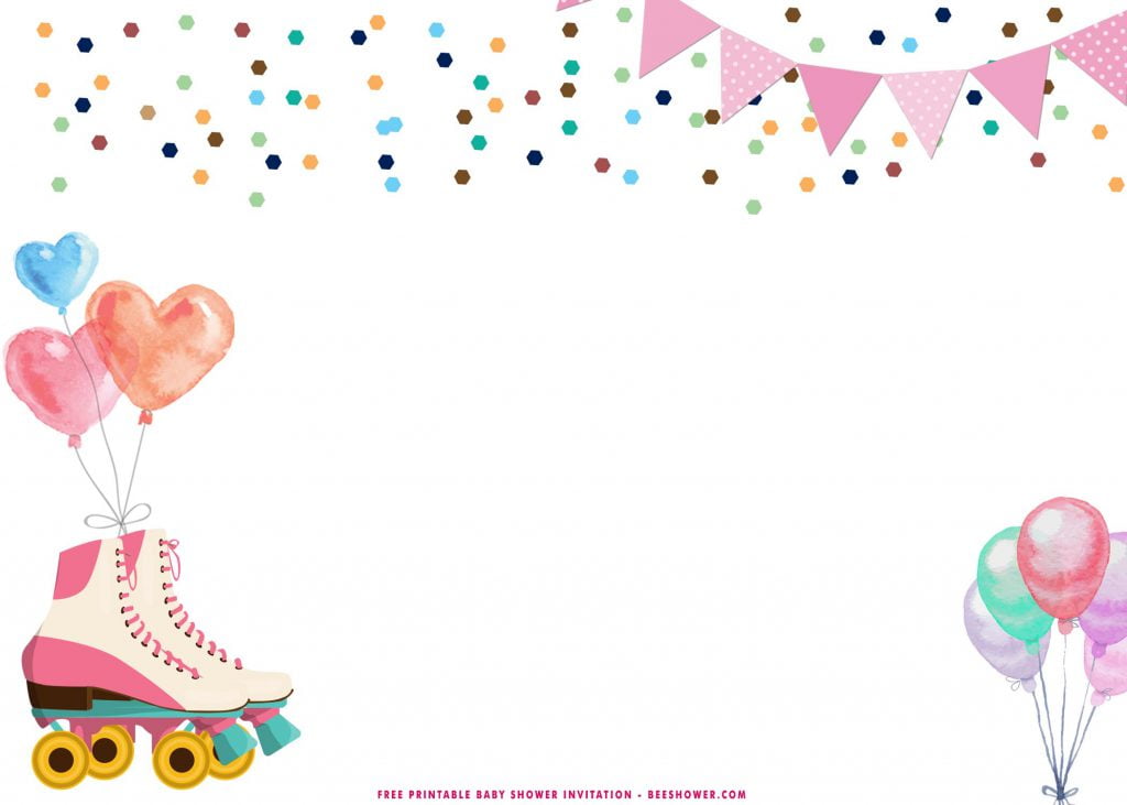 Free Printable Roller Skating Baby Shower Invitation Templates With Pink Balloons and Pink Boots