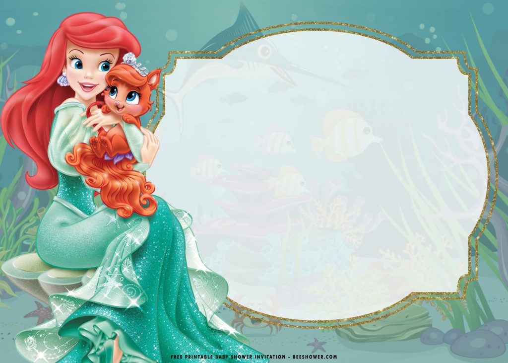 Free Printable Ariel The Little Mermaid Invitation Templates With Green Background and Landscape