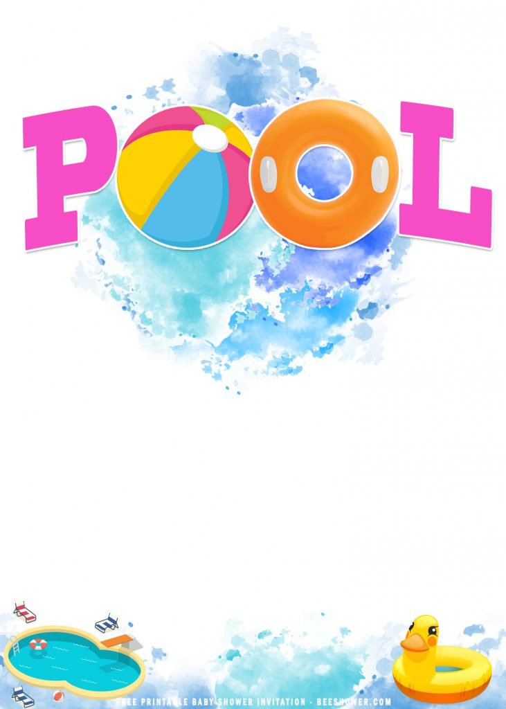 Free Printable Summer Pool Birthday Party Invitation Templates With Inflatable Pool Stuff and Yellow Duck Float