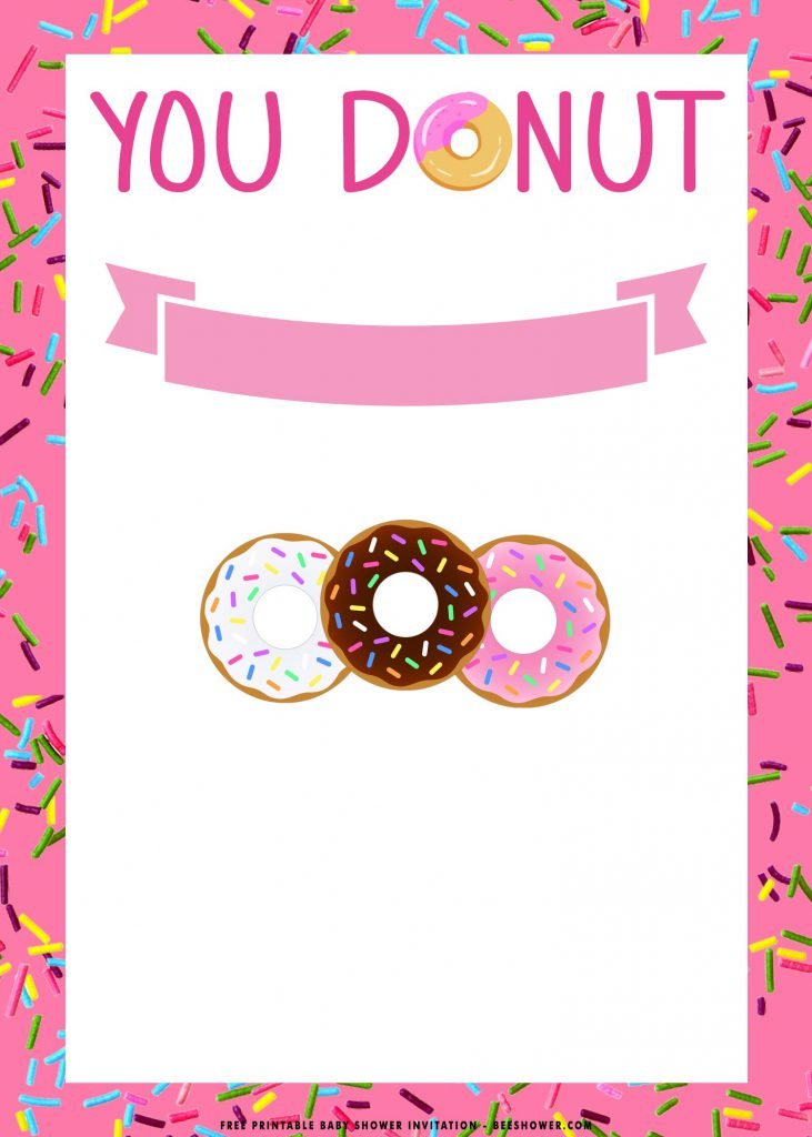 Free Printable Candy Pink Donut Baby Shower Invitation Templates With Pink Colored Background and 3 donuts