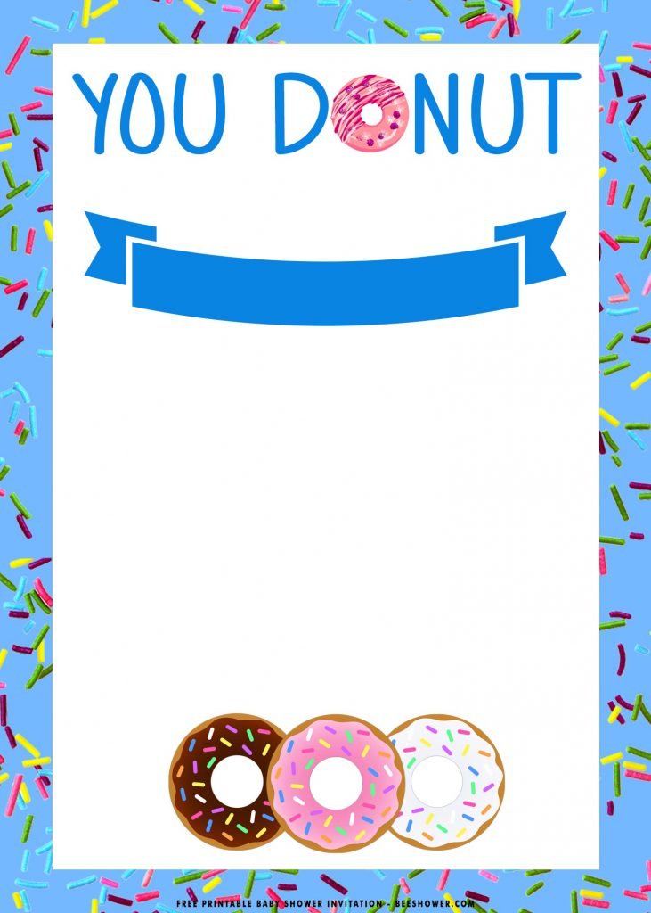Free Printable Candy Pink Donut Baby Shower Invitation Templates With Blue Background and Portrait Orientation