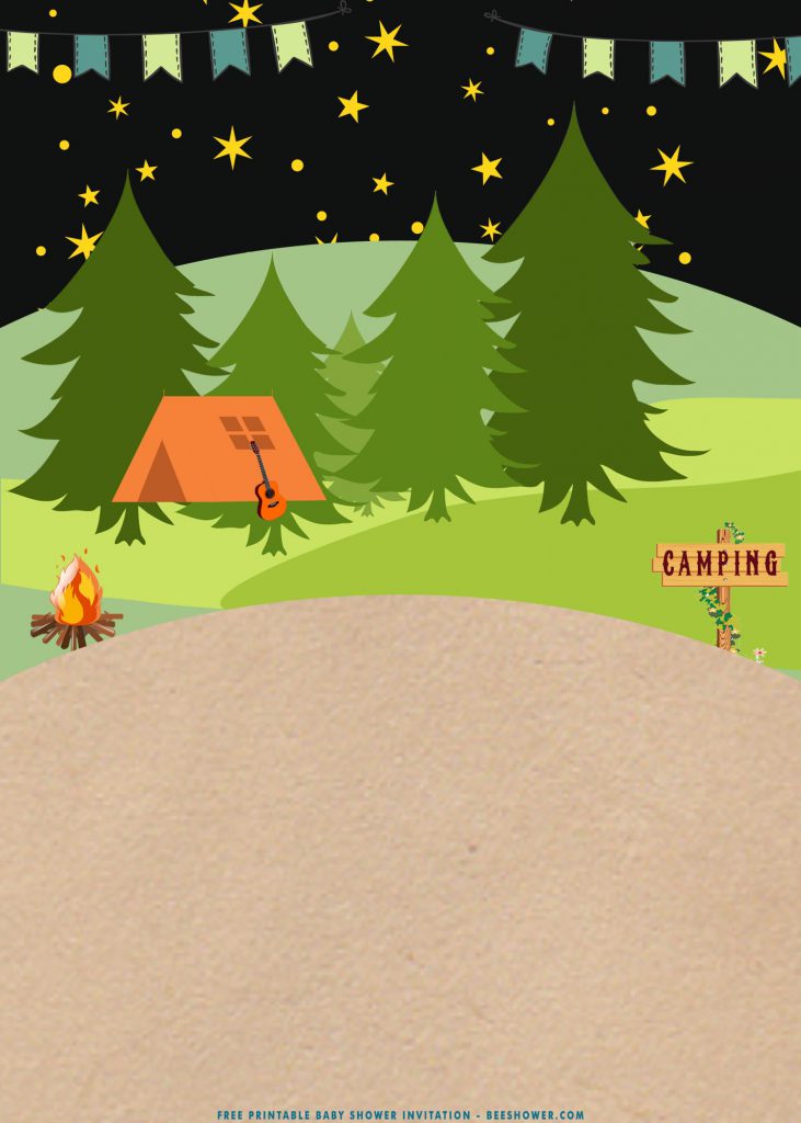 Free Printable Backyard Camping Birthday Party Invitation Templates With Starry Night Background and Campfire
